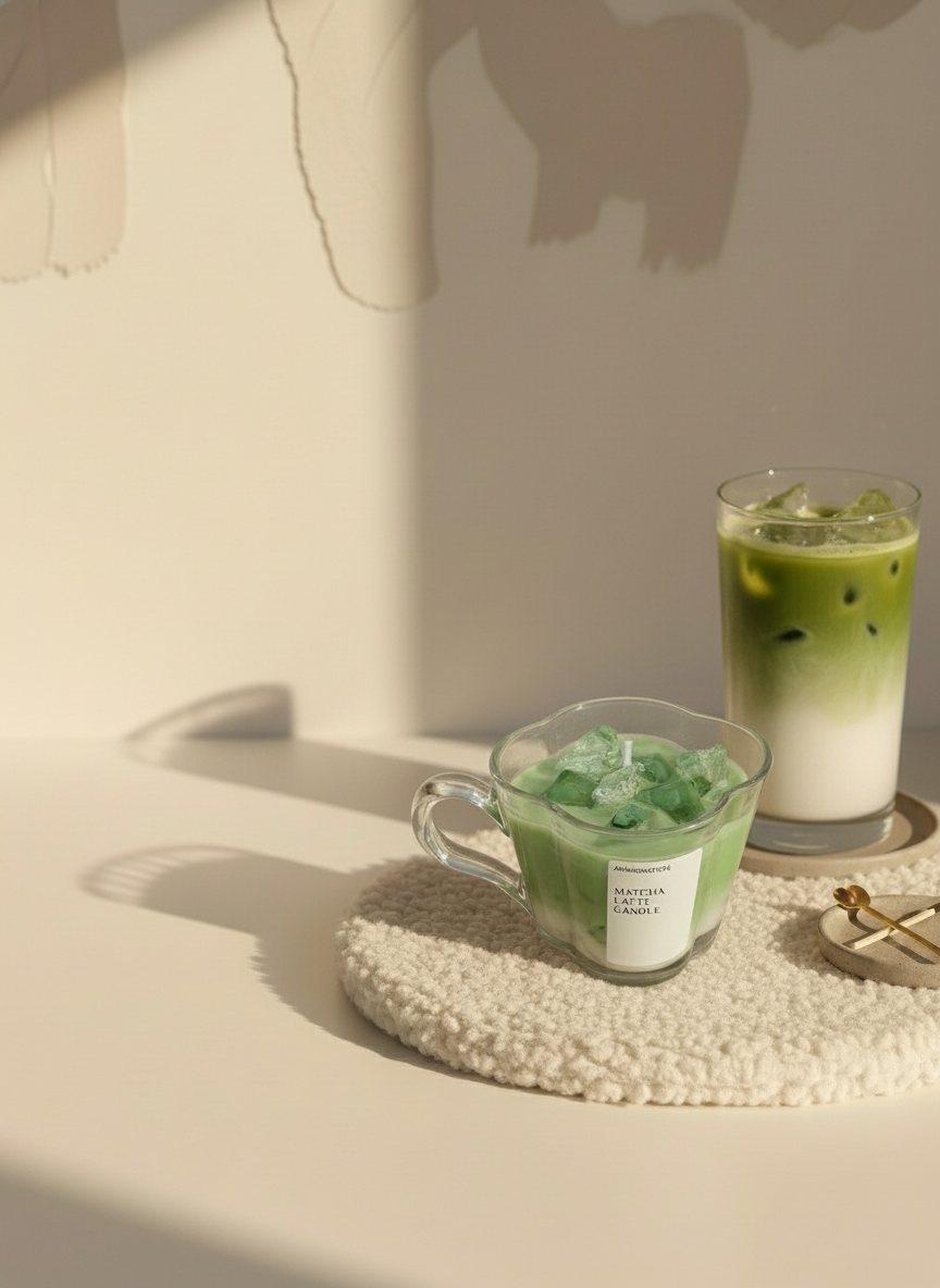 Hero banner MATCHA LATTE CANDLE con bebida matcha